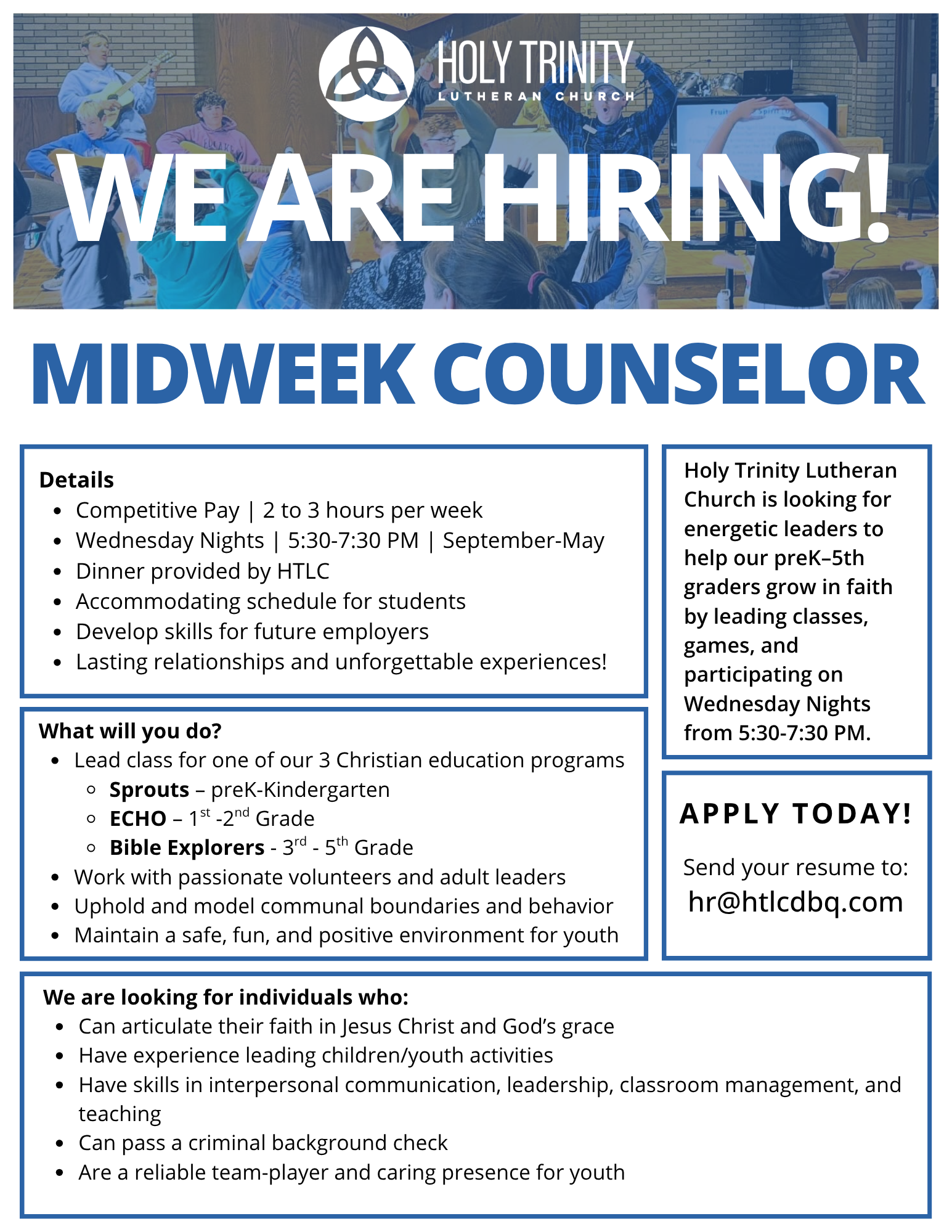 Midweek Counselor Distilled Job Description Flyer